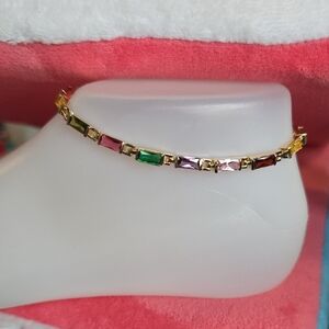 14k Gold Plated Multi-Color Crystal Ankle Tennis Bracelet - Women Jewelry